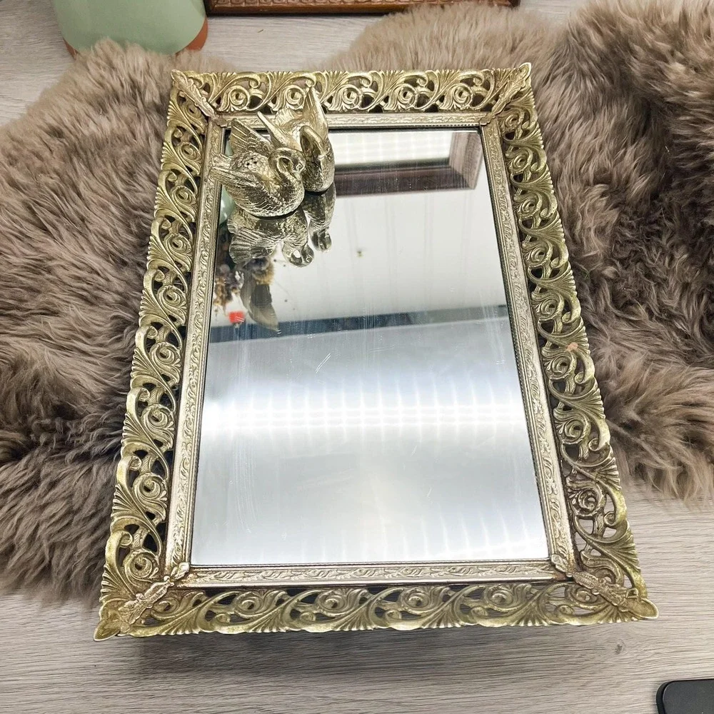 Vintage Ornate Filigree Mirror Tray: Hollywood Regency‎ Vanity Decor (10x15)